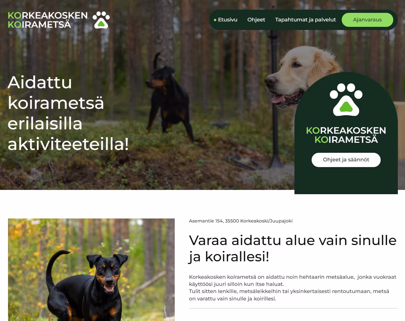 Korkeakosken Koirametsä verkkosivusto kuvankaappaus – ajanvarauksella toimiva palvelu aidattuun koirametsään